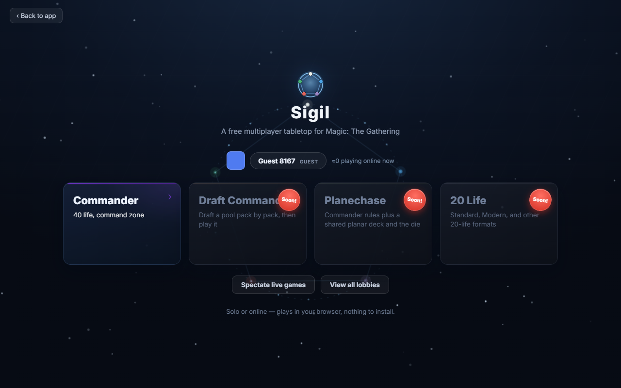 Sigil multiplayer lobby with format selection